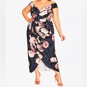City Chic Navy One-Shoulder Floral Dress with Pink Roses